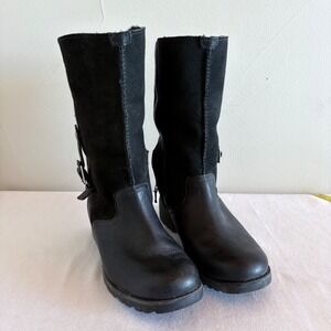 UGG Australia Bellevue Black Leather Suede Shearling Moto Biker Boots Lug Sole 6